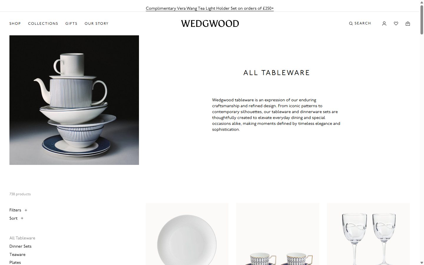 Wedgwood collection: all tableware on desktop, Shopify luxury home and design storefront captured at 1440 x 900