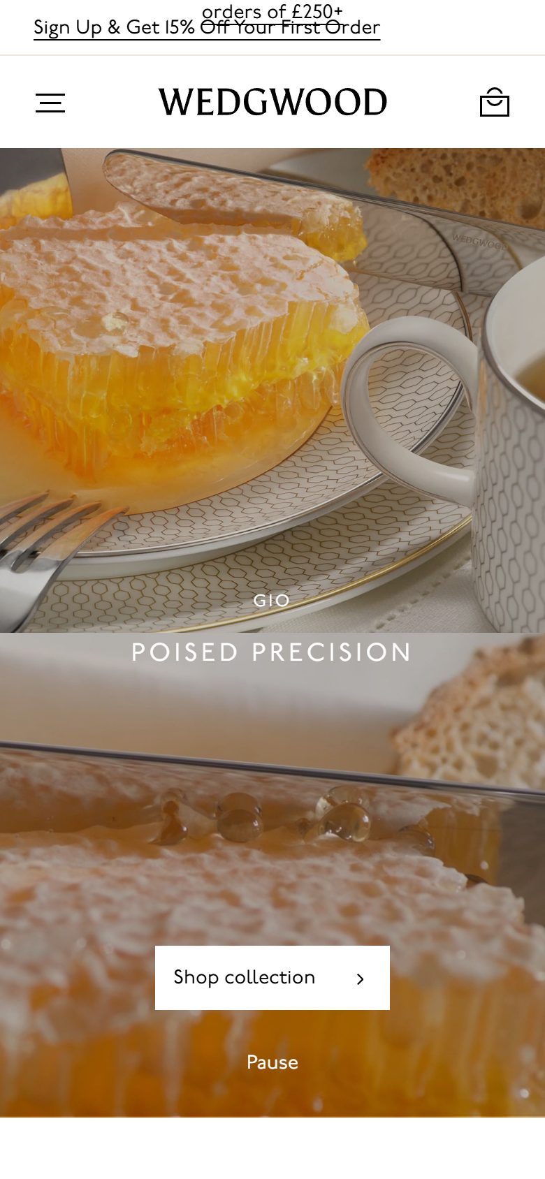 Wedgwood homepage on mobile, Shopify luxury home and design storefront captured at 390 x 844