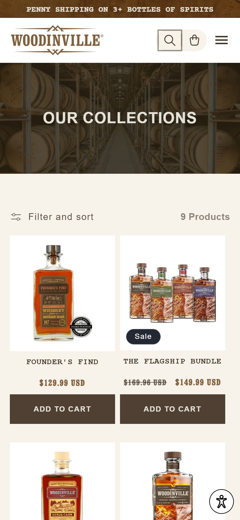 Woodinville Whiskey collection: whiskey on mobile, Shopify luxury drinks storefront captured at 390 x 844