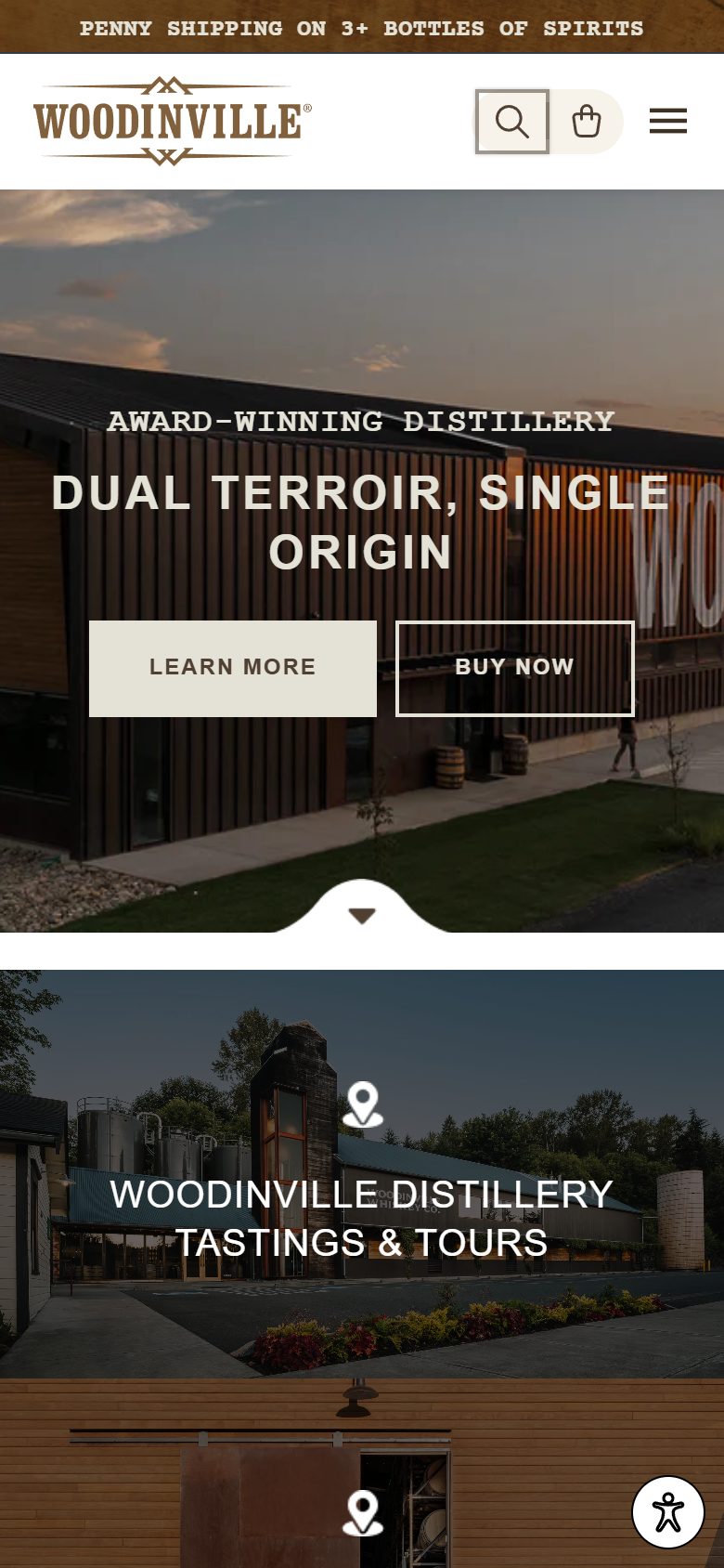 Woodinville Whiskey homepage on mobile, Shopify luxury drinks storefront captured at 390 x 844