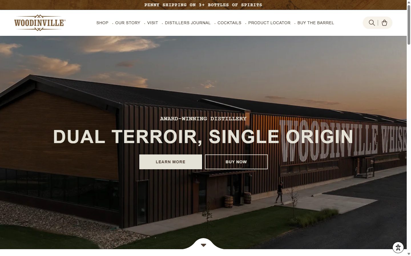 Woodinville Whiskey homepage on desktop, Shopify luxury drinks storefront captured at 1440 x 900