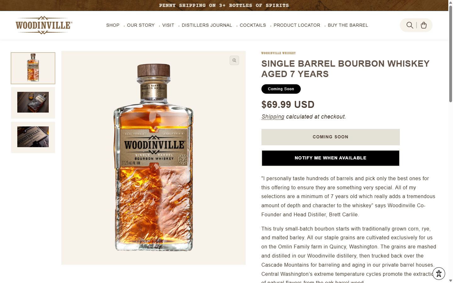 Woodinville Whiskey product page on desktop, Shopify luxury drinks storefront captured at 1440 x 900